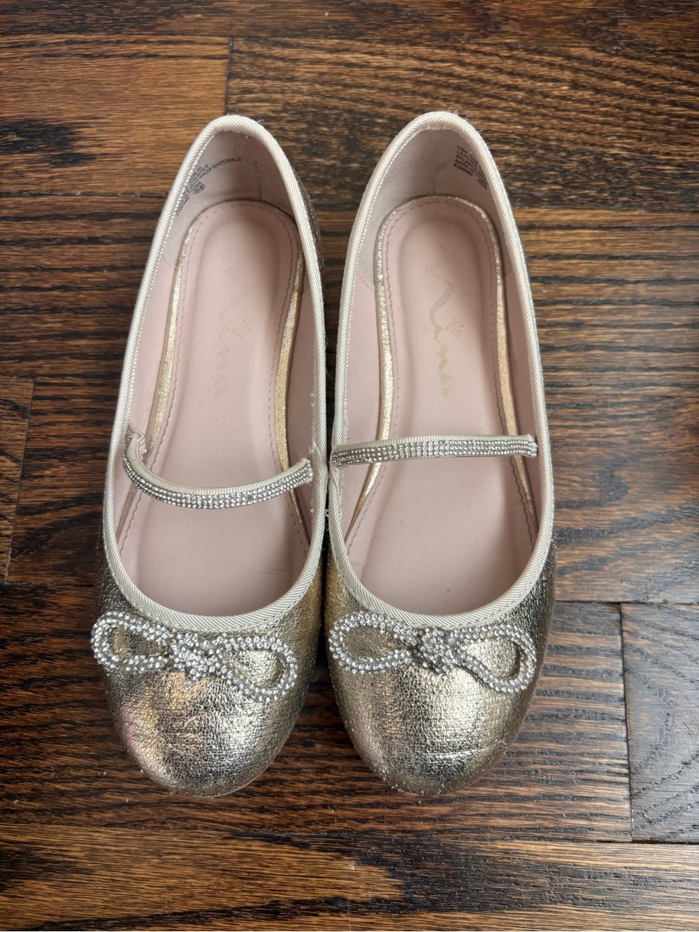 Nina Kids Metallic Gold Ballet Flats with Rhinestone Bow and Strap Size 3 Girls